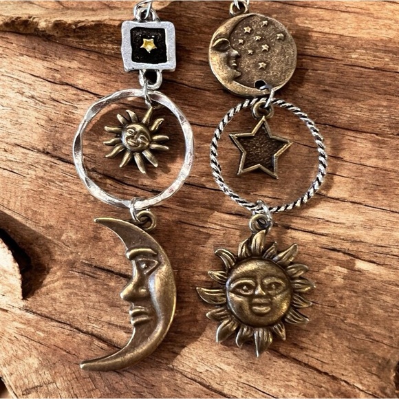 Boho Celestial Charm Earrings - Bronze and Silver toned Bohemian Boho Celestial - Picture 4 of 17